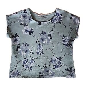 Elena Baldi Linen Floral Top Sz S Blue Relaxed Boxy Cottage Coastal Euro Summer